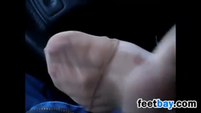 Jizz On Her Nylon Covered Feet In The Car